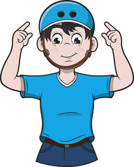 Niño con casco azul señalando hacia arriba — ilustración divertida estilo cartoon