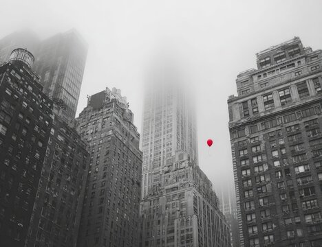Fototapeta Misty city skyline with a single red balloon