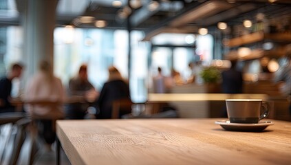 Cafe interior, blurred people, wooden table, coffee cup