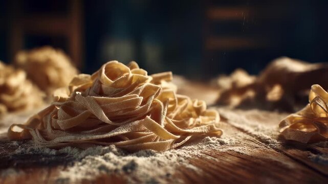 An enchanting shot showcasing the moment raw pasta meets a wellfloured wooden surface emphasizing the imperfect beauty and tactile qualities of culinary craftsmanship.