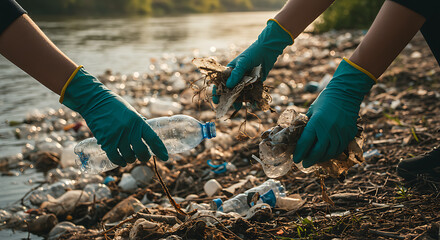 Environmental cleanup: Hands in protective gloves picking up plastic trash from a polluted riverbank, highlighting ecological conservation.
