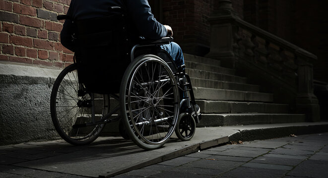 Wheelchair user at the bottom of stairs, highlighting accessibility barriers and mobility challenges in an urban environment.