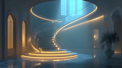 Modern spiral staircase with illuminated steps in a contemporary interior.