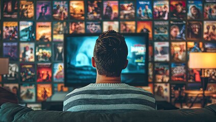 Obraz premium Man watching TV, movie posters