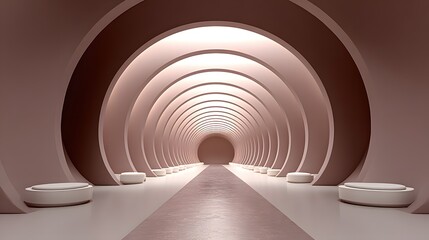 Obraz premium Empty corridor with arched walls and round podiums.