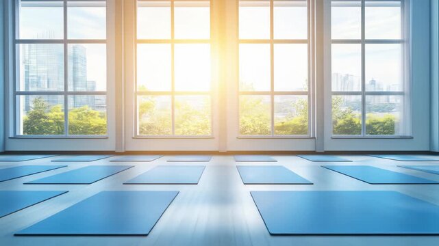 Yoga mats in empty studio, urban background, bright sunny day