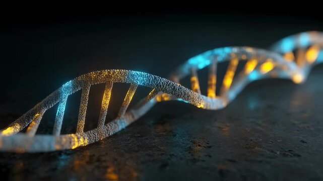 3D rendered DNA strand with distinct glowing patches representing unstable CGG repeat expansions at fragile chromosomal loci.