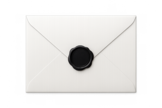 White envelope sealed with black wax stamp, resting on transparent surface, symbolizing confidential communication and security - Powered by Adobe