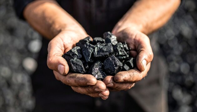 A close-up of a miner's dirty, calloused hands holding a handful of raw black coal, representing the fossil fuel industry and hard labor.