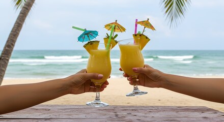 Tropical Toast: Close-up shot of two people raising glasses of refreshing tropical cocktails on a sunny beach, palm trees, clear blue sky and ocean in the background.