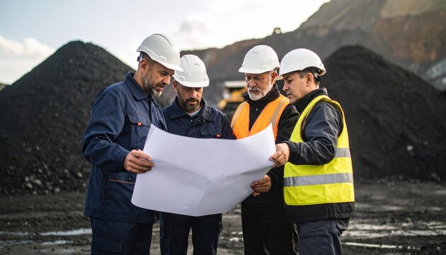 Professional industrial workers in safety gear analyzing a blueprint at a surface mine with heavy machinery
