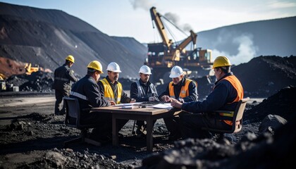 Mining professionals conduct a site meeting, strategizing development amidst heavy equipment and earthworks.