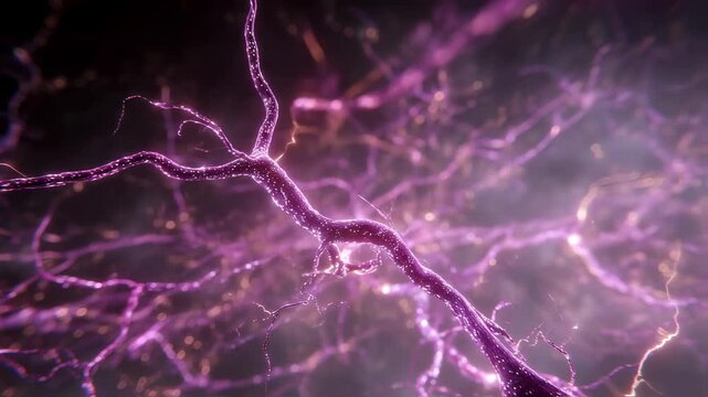 Closeup visualization of neural pathways affected by acute hepatic porphyria illuminated by sudden lightning bursts and overlaid with animated heme cycle error alerts.