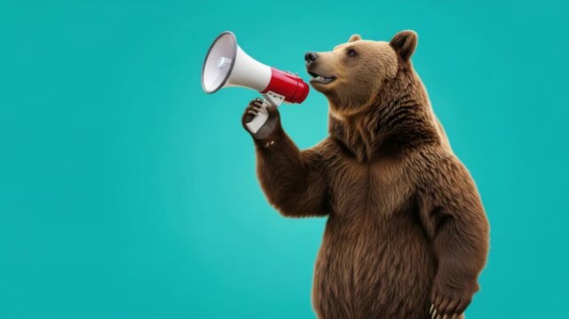 Bear Speaks Out: Powerful Announcement with Megaphone on Teal Background