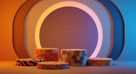 Abstract product display with circular backdrop and patterned podiums for creative marketing visuals