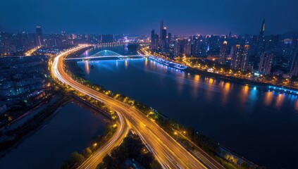 Naklejka premium Aerial view of a city at night
