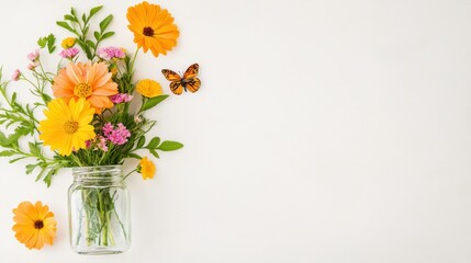 Colorful Flower Arrangement with Butterfly on White Background
