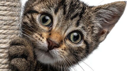 Tiny tabby kitten peeks from behind a rope post, eyes wide
