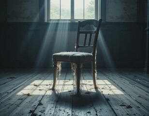 Dusty Wooden Chair in Abandoned Room Corner