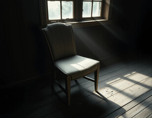 Dusty Wooden Chair in Abandoned Room Corner