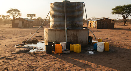 Community water tank in dry rural village, showing water collection and scarcity in arid landscape