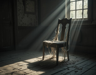Dusty Wooden Chair in Abandoned Room Corner