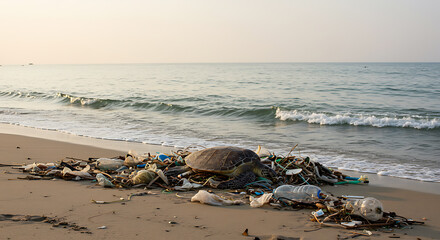 Sea turtle entangled in plastic waste on a polluted beach, highlighting marine environmental crisis
