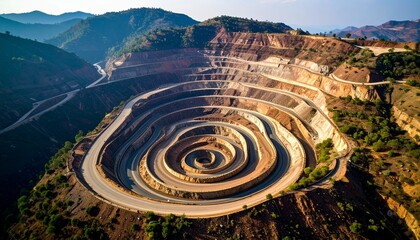 Majestic aerial perspective of a spiral open-pit mine with terraced roads descending into the earth for resource extraction.