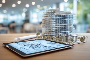 Architectural model displayed on tablet, blueprints visible