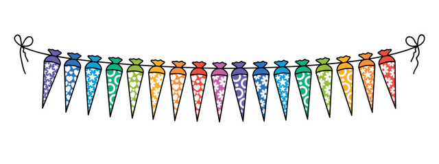 German first day in school decoration, colorful banner, school cone garland, vector illustration