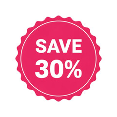 Pink save 30 percent discount badge isolated on transparent background