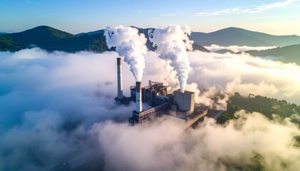 Industrial Power Plant Emitting Steam into the Misty Morning Sky Over Rolling Hills