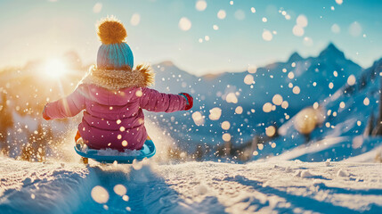 A joyful winter adventure of a child sledding down a sunlit snow-covered mountain slope, evoking festive holiday cheer for a greeting card or seasonal poster.