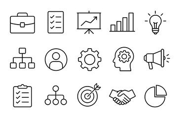 Vector business icons set. Briefcase, checklist, growth chart, lightbulb, gear, user, handshake.