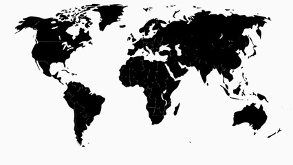 Black and white world map showing continents including north america europe asia africa and australia exactly silhouette
