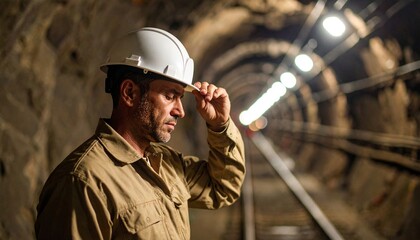 Portrait of a thoughtful male engineer in a hard hat standing inside a dark, illuminated underground construction tunnel.