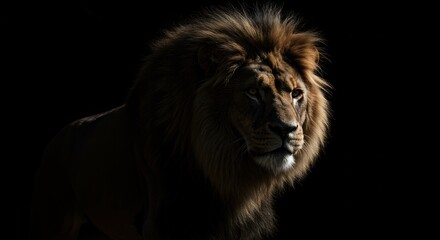 Fototapeta premium Majestic lion portrait captured in dramatic light against a stark black background