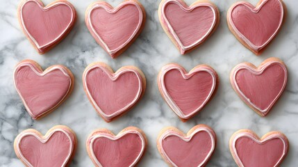 Fototapeta premium Heart-shaped cookies decorated with pink icing.