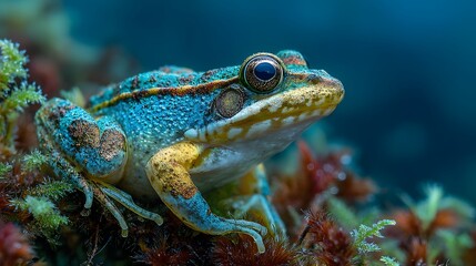 Fototapeta premium Close-up of a vibrantly colored frog resting on moss.