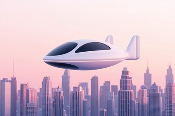 Naklejka premium Futuristic Flying Vehicle Over City Skyline at Sunset
