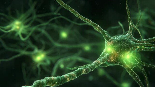 Glowing green nerve terminals disrupted by excessive acetylcholine accumulation under organophosphate poisoning conditions.