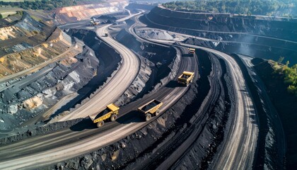 Expansive aerial view of a large open-pit coal mine with heavy dump trucks transporting raw materials along winding roads.
