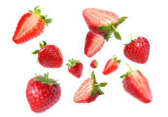 Yummy fresh strawberries swirling in air against white background