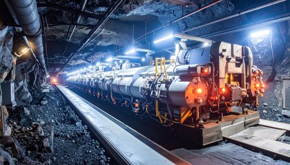 A heavy industrial ore train operating on tracks deep within an underground mining tunnel, illuminated by bright lights.