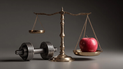 Balance between fitness and nutrition with weights and apple