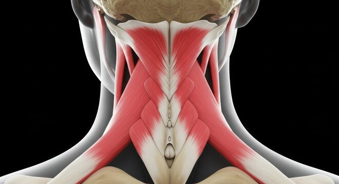 Detailed anatomical illustration of the human neck muscles and bone structure on a dark background