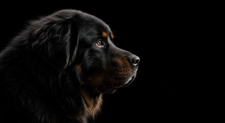 Elegant portrait of a majestic Tibetan Mastiff with a contemplative gaze against black