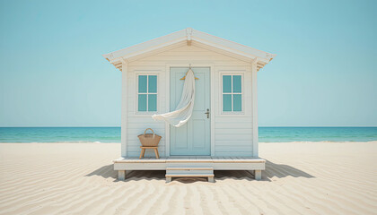 Symmetrical beach cabin with pastel blue door, flowing white fabric, and wicker chair on soft sand under bright sky, perfect tropical retreat for peaceful summer escape
