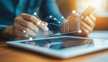 Person using tablet and phone with overlaid financial data graphs and charts for business analysis
