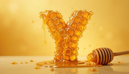 Honeycomb Letter Y with Wooden Honey Dipper on Yellow Background